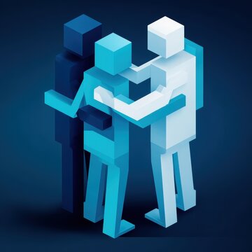 3D geometric people figures symbolizing teamwork and collaboration, abstract business cooperation concept ideal for corporate presentations, HR materials, editable and customizable illustration