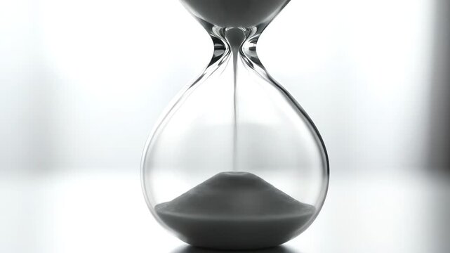 The continuous flow of white sand inside a transparent glass hourglass is captured in a bright, high-key studio close-up, emphasizing the concept of finite time.