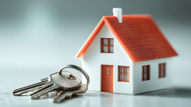 Minimal house model with keys symbolizing buying a new home, real estate and mortgage concept ideal for property marketing, financial services and housing articles