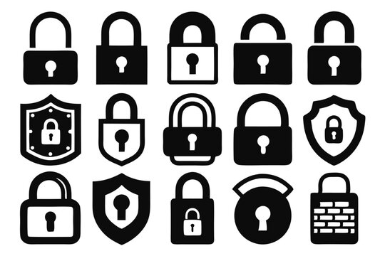 set of lock icon silhouette line art vector illustration with a white background