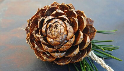Close-up of a pine cone with green needles and string.