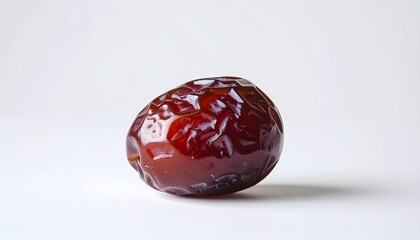 Close-up of a Shiny, Wrinkled Jujube Fruit on White Background.