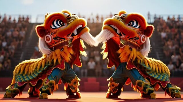 wo Chinese Lions Performing in Front of Crowd in Sunny Arena