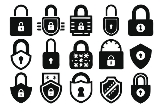 set of lock icon silhouette line art vector illustration with a white background