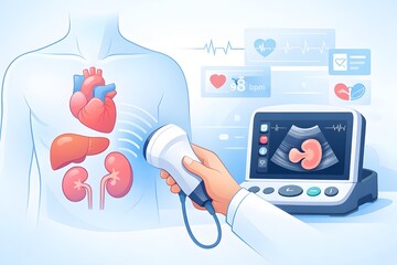 Portable Ultrasound Diagnosing Organ Health With Clean Line Art and Soft Gradients 