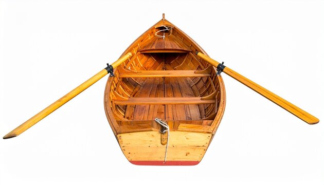 Wooden Rowboat with Oar on White Background