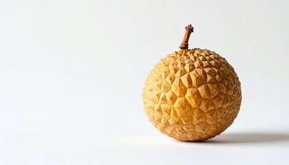 Close-up of a single longan fruit with textured peel and stem.