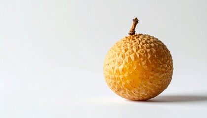 Close-up of a single longan fruit with textured peel and stem.