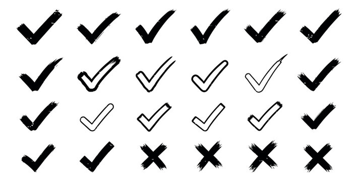 Hand drawn brush stroke check mark and cross icons set featuring varied styles for selection and decision making