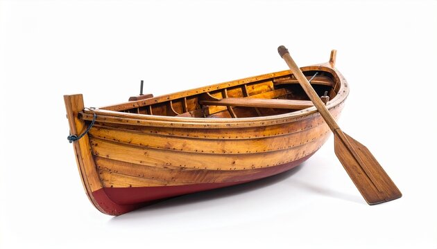 Wooden Rowboat with Oar on White Background
