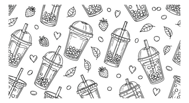 Hand drawn line art bubble tea pattern set featuring tapioca pearl drinks, strawberries, and leaves for modern cafe branding