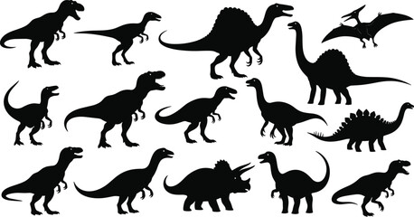 Black silhouette vector illustration of diverse dinosaurs including Tyrannosaurus, Stegosaurus, Triceratops, Brachiosaurus, Spinosaurus, Velociraptor, and Pteranodon for prehistoric © Hello there