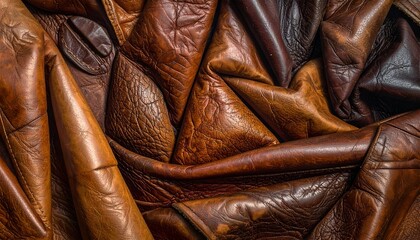 Wrinkled leather in hues of amber, brown, and tan, tightly composed, filling the frame with texture