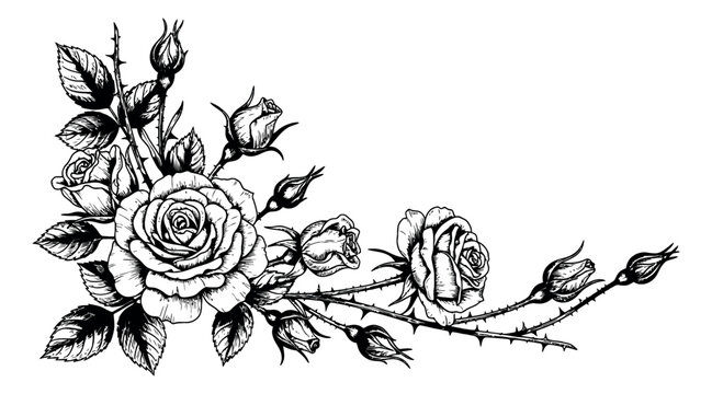 Hand drawn line art illustration of roses and rosebuds depicting an elegant corner floral design for wedding invitations