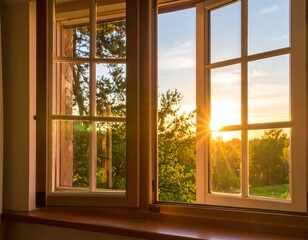 Fototapeta premium A sunlit room frames an open window revealing a bright golden sunset peaking through lush green trees and a cloud-filled sky