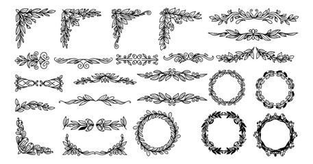 Hand drawn line art decorative elements set featuring botanical corners, dividers, frames, and wreaths for elegant design and wedding invitations