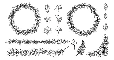 Obraz premium Hand drawn line art botanical design set featuring wreaths, borders, leaves, and berries for wedding invitations and greeting cards