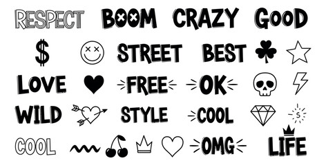 Fototapeta premium Hand drawn street art style typography and element set featuring modern words and common symbols for urban designs