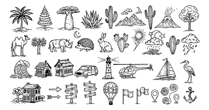 Hand drawn line art world elements set featuring plants, animals, weather, and transportation for nature and travel concepts