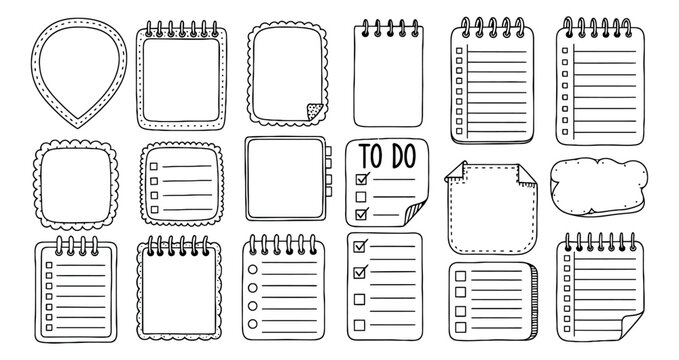 Hand drawn line art note paper elements set featuring various memo pads, checklists, and doodle frames for planning and journaling