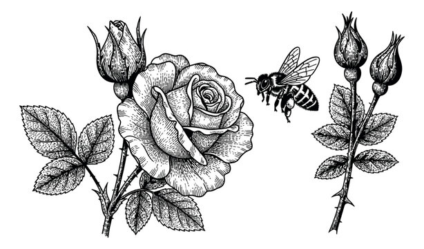 Vintage engraving style line art floral set featuring roses and a bee for nature and spring designs