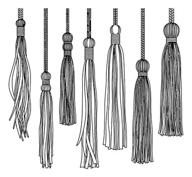 Hand drawn line art tassel set featuring decorative fringe elements for fashion accessories and craft projects