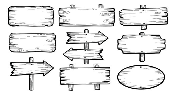 Hand drawn line art wooden signboard set featuring various rustic plank and arrow designs for display messages or directions