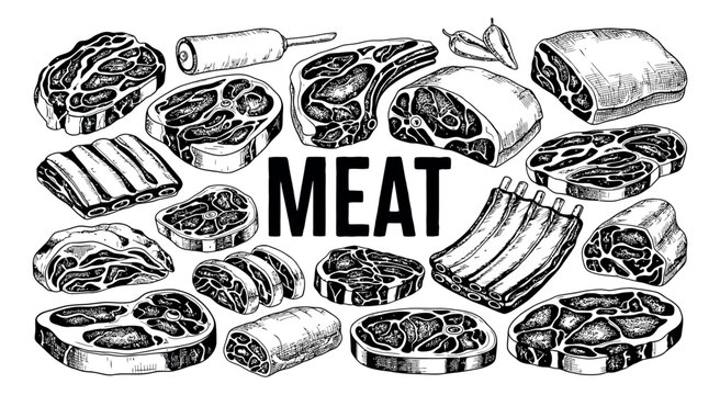 Hand drawn line art meat cuts set featuring various steaks, ribs, and chops for butchery and restaurant menus