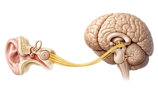 Human Ear Anatomy and Auditory Nerve Connection to Brain Medical Illustration