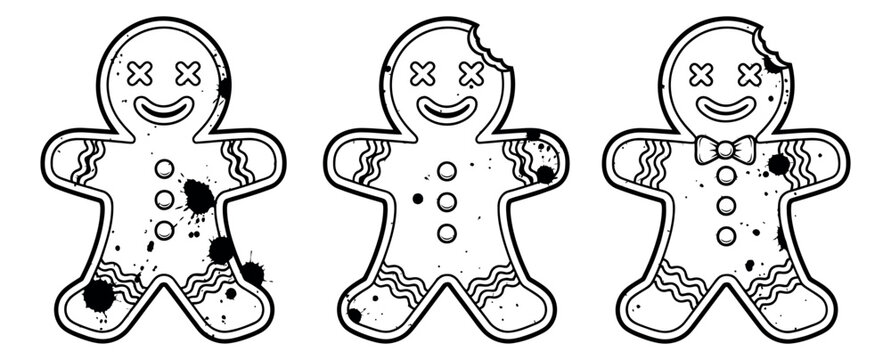 Hand drawn line art gingerbread men set featuring three distressed zombie cookies, some bitten, with ink splatters for spooky Halloween designs