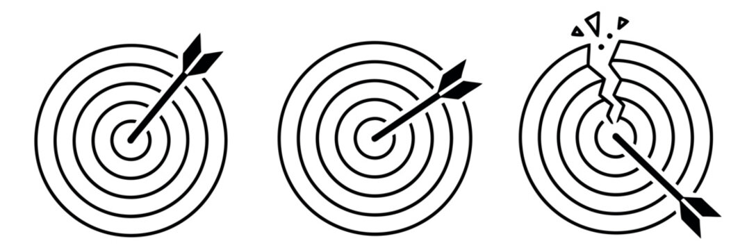 Line art target icons set featuring arrows hitting and missing the mark for business and achievement concepts
