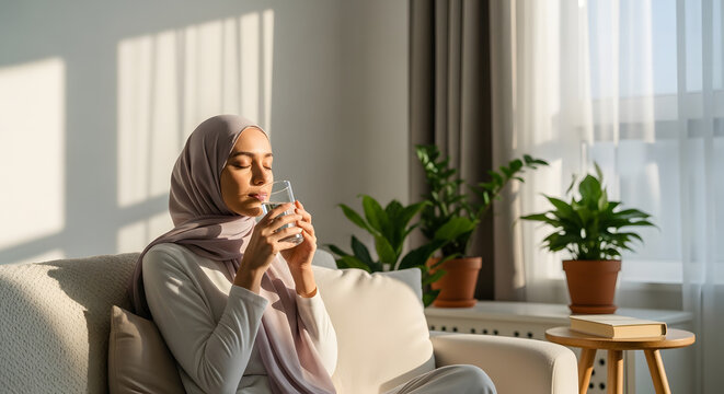 Young woman wearing a hijab sits on a sofa and drinks water from a glass in a sunlit room