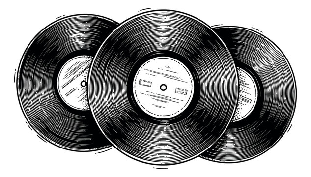 Hand drawn music records set featuring three vintage vinyl discs for retro audio entertainment