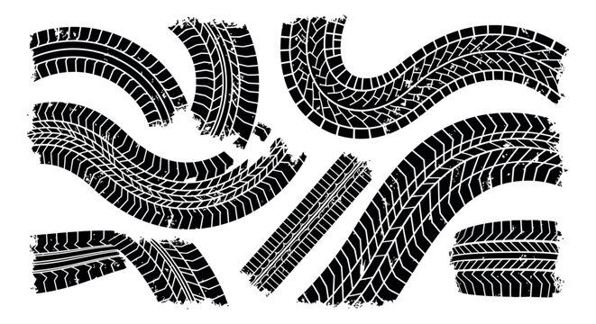 Grungy tire tracks set featuring various wheel marks and patterns for automotive and off-road design