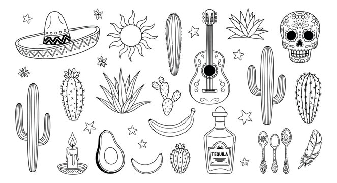 Hand drawn line art Mexican elements set featuring a sombrero, sugar skull, cactus, and guitar for a fiesta celebration