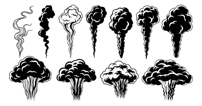 Hand drawn line art smoke and cloud effects set featuring various plumes, steam, and mushroom clouds for comics, games, and environmental designs
