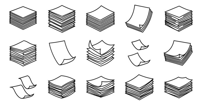 Line art document icons set featuring various paper stacks and individual sheets for office and organization concepts