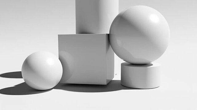 Abstract geometric shapes in monochrome, still life composition with spheres, cubes, and cylinders, casting shadows on a white background.
