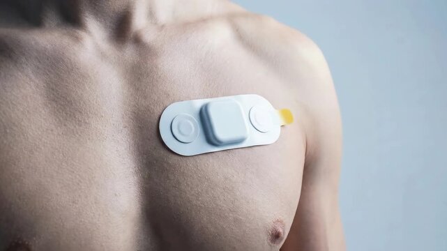 Close up of a smart wearable heart rate monitor patch attached to a man's chest, advanced medical sensor technology for remote patient monitoring and cardiac health tracking.