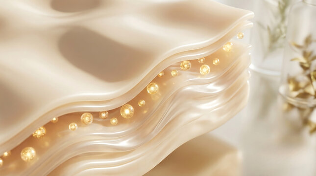 Cross section of human skin layers with drop of essence oil and water serum bubbles for deep nourishment, 3D medical illustration for skincare science, dermatology and cosmetic beauty treatment concep