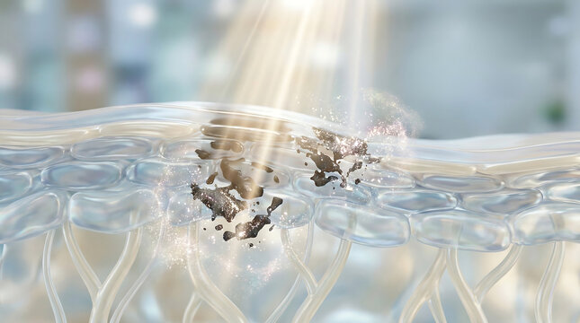 3D illustration of human skin layer damaged by UV sunlight rays, showing dark spots, melanin and hyperpigmentation for skincare science, sun protection and dermatology treatment concept.