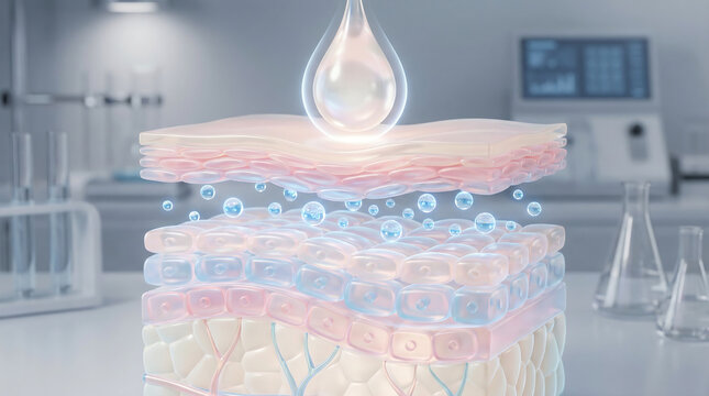 Cross section of human skin layers with drop of essence oil or serum for deep nourishment, 3D medical illustration for skincare science, dermatology and cosmetic beauty treatment concept.