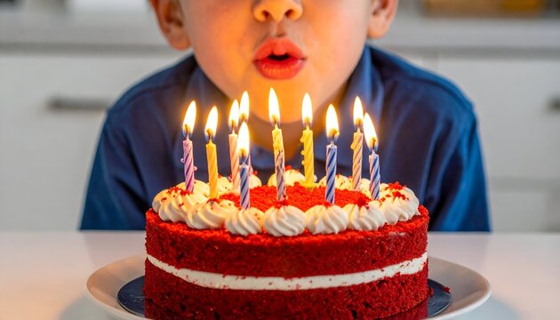 Young child blowing out candles on a red velvet cake, celebrating a birthday at home