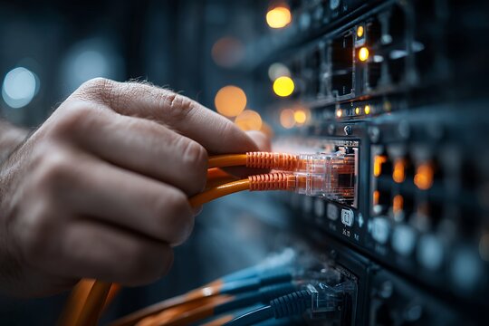 person connecting orange fiber cables in server rack