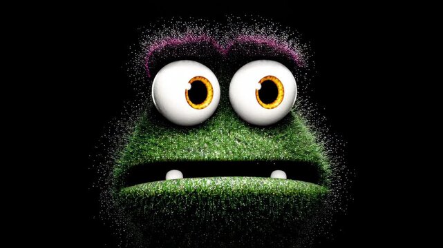 Green fuzzy puppet character with large expressive eyes and a surprised mouth, displaying a gradual change in expression against a black background in a series of three connected frames