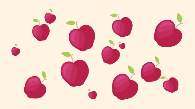 An animated video featuring a array of vector apples moving chaotically across a clean, light background. This seamless loop is perfect as a backdrop for cooking vlogs and healthy lifestyle content.