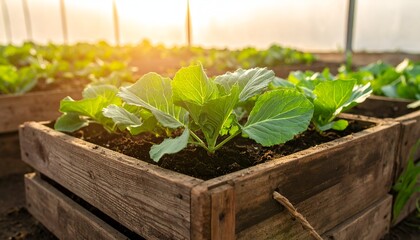 Young, leafy green plants nestled in a rustic wooden box, basking in warm sunlight inside a greenhouse