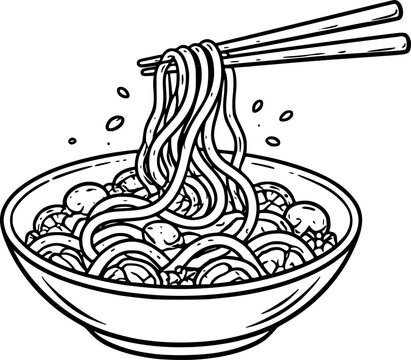outline illustration of noodle bowl with chopsticks in engraving style. Asian food icon for menu design, restaurant branding and packaging