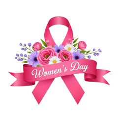 Fototapeta premium Pink ribbon with flowers and women's day text isolated on transparent background
