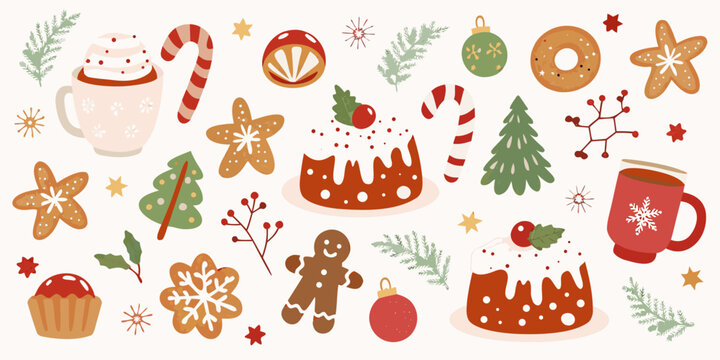 Festive holiday illustrations featuring christmas treats and decorative elements